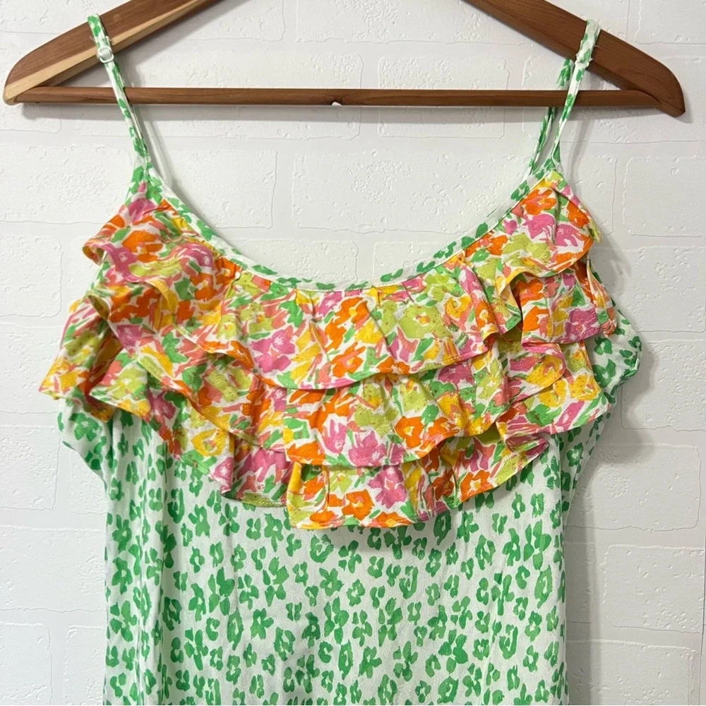 RIXO Target Green Leopard Print Ruffle Romantic Boho Midi Slip Dress Size M